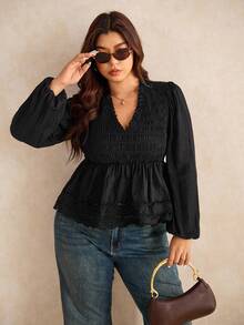 Elaquor 大码休闲纯色荷叶边下摆灯笼袖衬衫