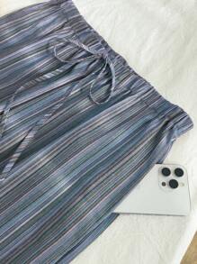 Comfortcana Quần dài cỡ lớn thoải mái, thường ngày, chất liệu cotton lanh, họa tiết sọc, có dây rút ở eo - Màu xanh lam - Xem 6
