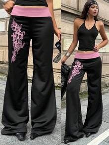 Coolane Pantaloni dritti neri con grafica vintage, stile Y2K e grunge, adatti per festival estivi, fiere rinascimentali e streetwear, con vita a costine - nero - Visualizzare 4