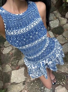 Sunnyshic Women Summer Casual Fashion Resort Print Double Ruffle Trim Sleeveless Mini Dress