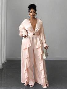Maweii V-Neck Long Sleeve Ruffled Hollow-Out Elegant Jumpsuit - Pink - View 4