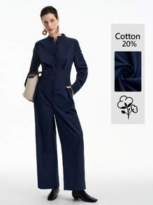 Aalyst Women's Solid Color Long Sleeve Single-Breasted Pocket Wide Leg Casual Jumpsuit Fall Cloth For Women - Navy Blue - View 1