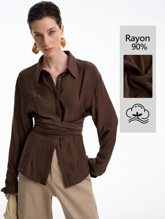 Aalyst 女士法式优雅奢华休闲宽松纯色亚麻混纺衬衫，衬衫领，隐形门襟，侧开衩，胸前交叉系带，长袖，适合春秋冬