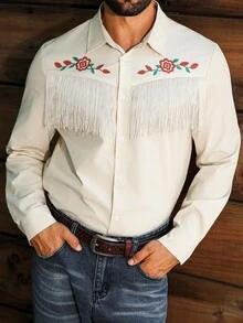 Manfinity Nomadique Men's Fashion Embroidered Patchwork Fringe Long Sleeve Shirt Men Western Shirt With Fringe Cream Men Western Shirt Beige Men Western Shirt, Fall - Apricot - View 5