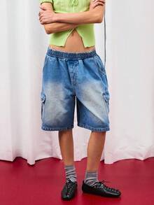 COUREZ Low Waist Elasticated Waistband Cargo Denim Shorts /Y2K  Women Clothes  Clothes Casual Cute Elegant Vacaction Summer Back To School - Light Wash - View 4