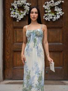 Carolina Barros Women's Summer Beach Vacation Maxi Dress Loose Dress Elegant Floral Print Spaghetti Strap Apricot Dress Summer Dresses For Women,Graduation,Teacher Outfits For Women,Teacher Dress - Multicolor - View 4