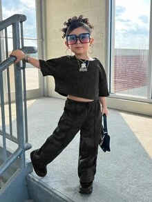 2 件装年轻女孩炭灰色套头 T 恤和紧身裤套装，休闲日常搭配 - 灰色 - 查看 5