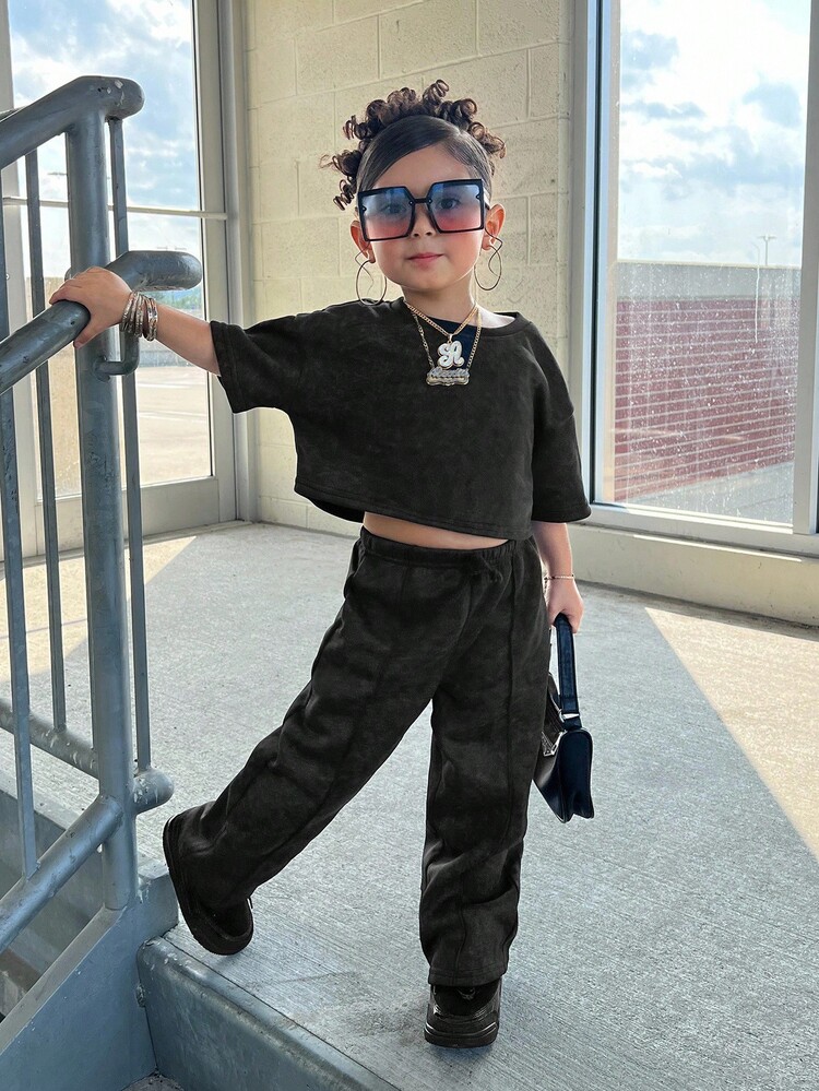 2 件装年轻女孩炭灰色套头 T 恤和紧身裤套装，休闲日常搭配 - 灰色 - 查看 5