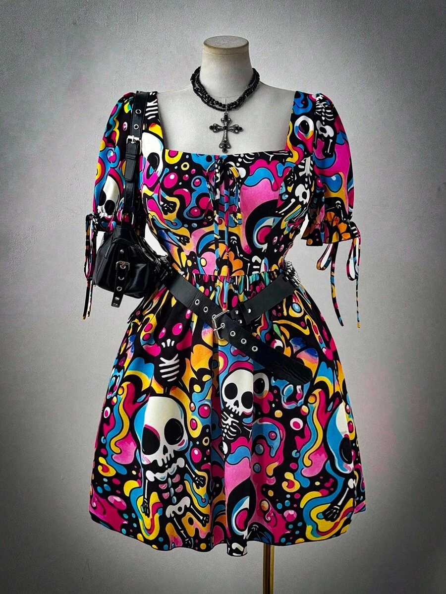Sunspun Halloween Y2K Dark Skull Skeleton Subculture Short Sleeve Dress - Multicolor - View 1