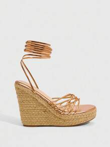 CUCCOO SZL Women's Fashion Champagne Color Thin Strap Combination Lace-Up Jute Rope Bottom Wedge Sandals, Suitable For Commuting, Dating, Party, Holiday, And Vacation