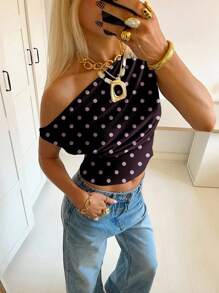 Siren Gaze 女士休闲优雅斜肩紫色波尔卡圆点褶皱短款上衣，适合夏季，适合日常穿着