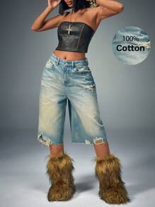 CasuGlow Women's Multi-Pocket Baggy Denim Shorts,Jorts, Casual Everyday - Blue - View 1