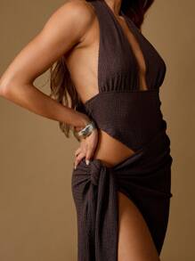 MISSGUIDED 优雅露背吊带镂空褶皱高开衩中长连衣裙，适合晚宴、婚礼宾客等特殊场合，修身露背夏季连衣裙