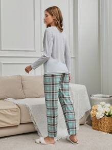 EURMUSE 100% Cotton 2Pcs  Cat Pinted PJ Set - Grey - View 2