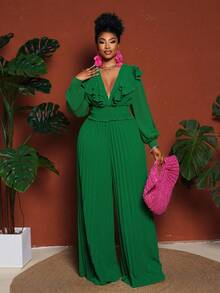 Maweii Geraffter Volant Taille Plissee Langarm Jumpsuit