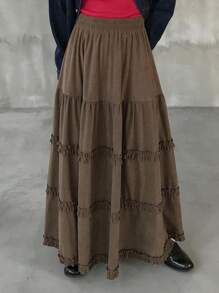 FRIFUL Women's Casual Solid Color Frill Hem Skirt Fall Skirts - Brown - View 2