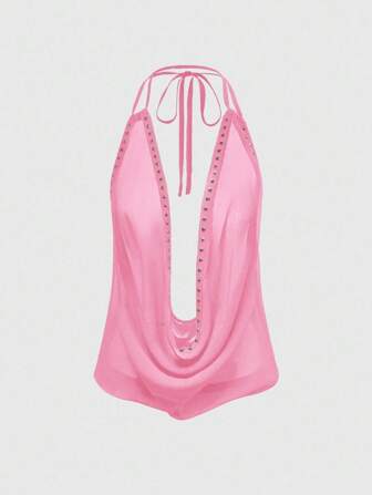 Grunge Punk Top de tirantes sin espalda con cuello profundo y drapeado sexy para mujer