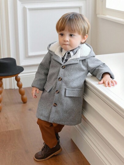 Souflis Souflis Casaco de Lã Minimalista com Capuz para Bebê Menino de 3-24 Meses, Moda com Forro de Fleece Quente, Bebê Menino Outono/Inverno, Vestuário Infantil