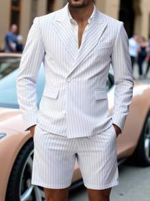 Manfinity Bizformal 男士商务休闲条纹长袖西装外套和短裤套装男士两件套西装套装男士两件套细条纹西装男士男士服装两件套男士细条纹短裤套装 - 白色 - 查看 1