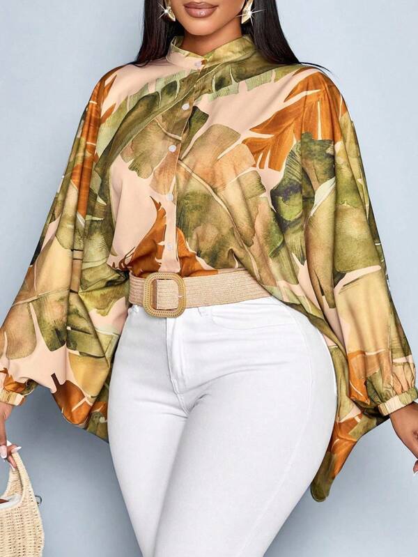SOLERSUN Women's Tropical Print New Single-Breasted Cropped Blouse With Batwing Sleeve For Vacation And Daily Outfit