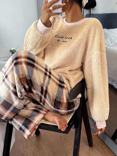 Snug Zone Women's Casual Fleece Letter Embroidered Long Sleeve Top & Plaid Pants Fluffy Pajama Set, Fall Clothes, Winter, Cozy