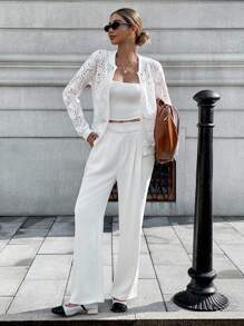 Chiquease Casual Long Sleeve Cropped Hollow Lace Trim Bomber Jacket Fall Winter Cloth For Women - White - View 3