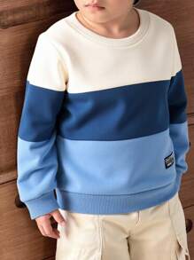 Sudadera térmica gruesa de cuello redondo de manga larga con bloques de color, cómoda y versátil para niños pequeños