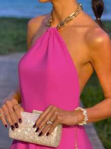 INAWLY Women's Fashion Casual Elegant Sexy Romantic Backless Halter Sleeveless Dress, Suitable For Vacation - Hot Pink - View 2
