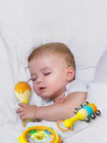 Zazumi 3PCS Baby Rattle Toy Set Gift Box Newborn Grasp Training Sensory Toys Colorful Shaker Drum Early Learning First Year Development Musical Instruments  Material Soft Touch Design(Style Accessories Random)