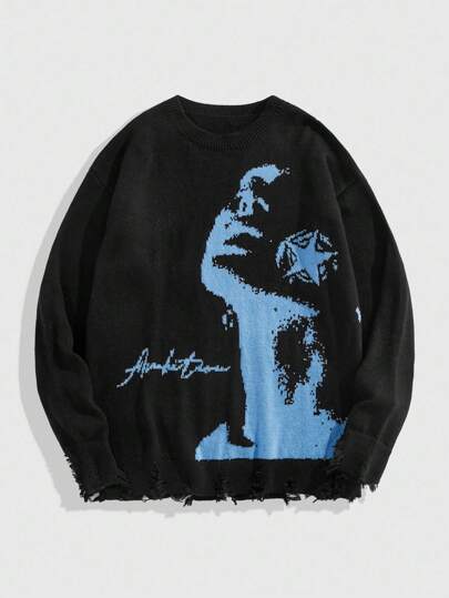 Street Life Maglione girocollo da uomo con grafica ritratto consumato, autunno/inverno