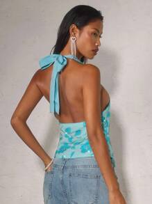 SHEIN BAE Quần áo mùa hè cho phụ nữ Áo hở vai thêu sequin màu xanh lam dành cho phụ nữ/Áo mùa hè - Màu xanh lam - Xem 6