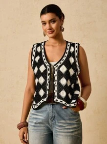 Travachic Áo len cardigan dệt kim họa tiết hoa nhiệt đới ngày lễ cỡ lớn cho nữ - Màu be - Xem 3