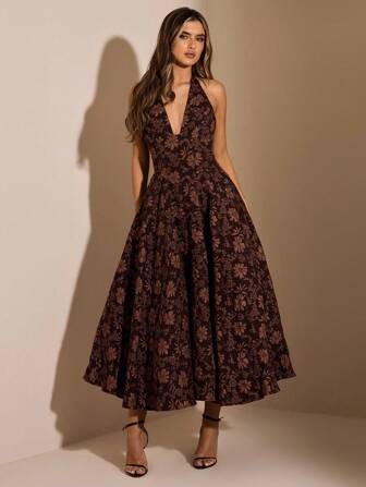 SHEIN BAE Brown Floral Textured Turtleneck Bodycon Dress, Suitable For Dates, Nights Out, Parties, Birthdays, Elegant Dress, Coffee Color Dress, Birthday Dress, Holiday Dress,Elegant Dresses For Women