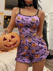 SHEIN Cute Halloween Element Spaghetti Strap Ruffle Hem Camisole & Shorts Pajama Set - Multicolor - View 4