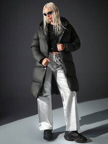 CasuGlow Urban Casual Minimalist Winter Fashion, Long Black Padded Coat, Hooded Design, Full-Length Silhouette, Modern Streetwear Look, Plus Size Travel - Black - View 7
