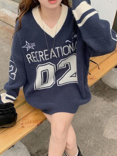 DAZY 女式V领休闲拼色长袖毛衣