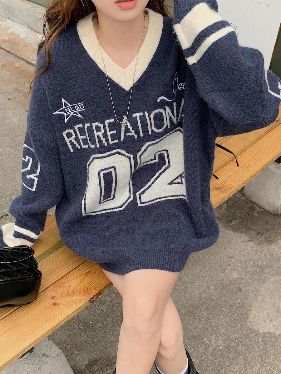 DAZY 女式V领休闲拼色长袖毛衣 - 藏蓝色 - 查看 1