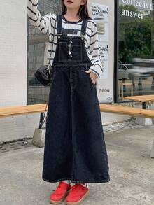 DAZY 女式休闲宽松口袋牛仔背带连衣裙 - 藍色 - 查看 1