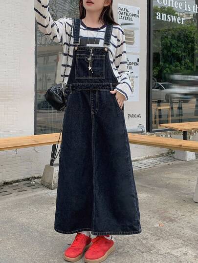 DAZY 女式休闲宽松口袋牛仔背带连衣裙