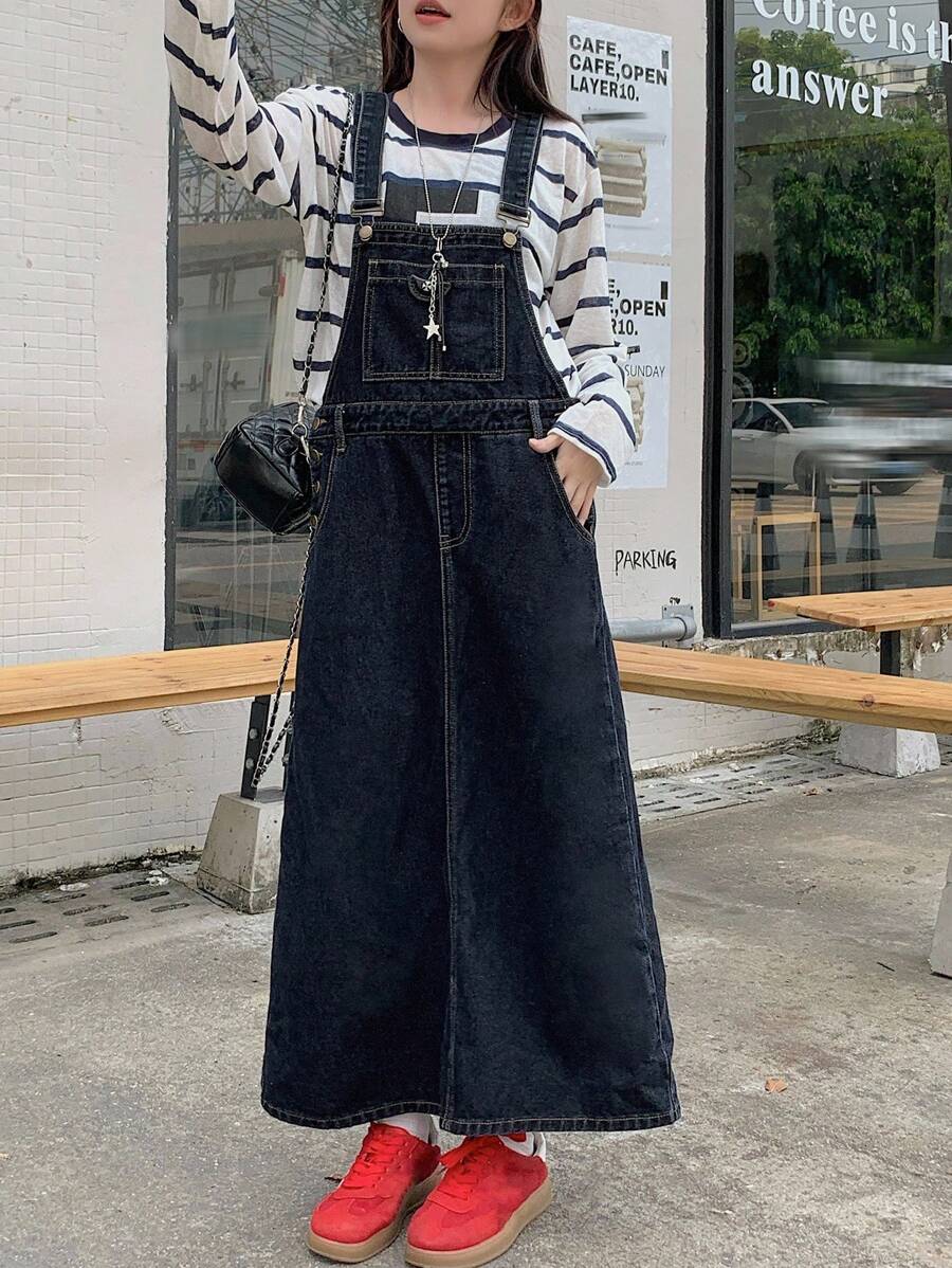 DAZY 女式休闲宽松口袋牛仔背带连衣裙 - 藍色 - 查看 1