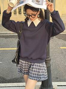 SHEIN 2pcs/Set White Collar Navy Sweatshirt + Plaid Pleated Mini Skirt Outfit Fall Winter