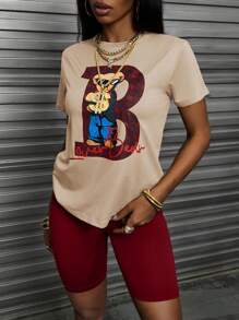 SHEIN 2 件套熊字母印花圆领短袖上衣和短裤套装