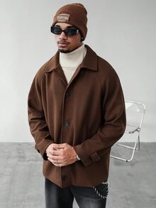 Manfinity Homme 男士纯色插肩袖单排扣休闲大衣，送给男友的绝佳礼物，返校季男士棕色衬衫式夹克，男士外套，复古风格，秋冬款 - 咖啡棕 - 查看 7
