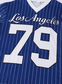 SHEIN Conjunto de camiseta de manga corta con estampado de letras y rayas de baloncesto y shorts de ciclista de estilo casual y urbano para adolescentes