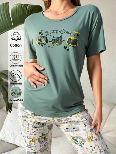 EURMUSE 2Pcs Plus Cotton Cute Animals Printed Shirt And Animals Printed Capri Homewear PJ Set Pajamas Set Women Summer Pajama Sets Women Womens Pajama Set