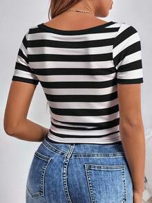 INAWLY Solva Women's Casual Colorblock Striped Cropped T-Shirt, Summer - Black - View 2