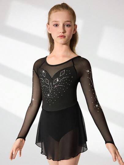 SHEIN Tween Girls Figure Skating Dress, Professional Sports, Daily Training, Campus Competition, Fashionable Black Rhinestone Pattern, Raglan Sleeve, Anti-Flashing Skirt Design, High Elasticity Comfortable Stretch Figure Skating Dress Fall Winter