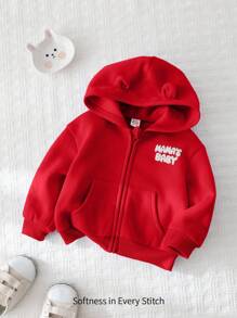 Cozy Pixies 女婴字母印花休闲连帽拉链夹克 - 紅色 - 查看 2