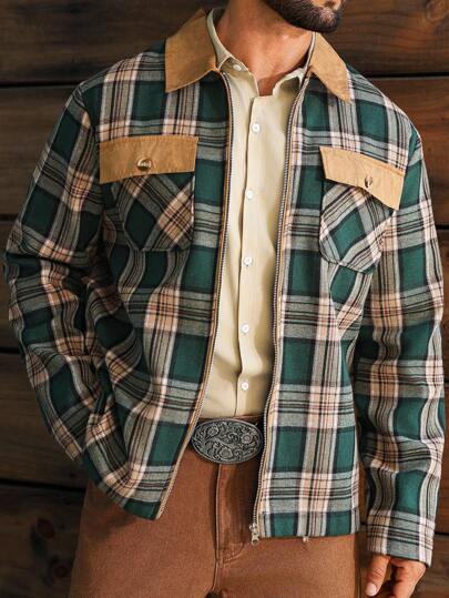 Manfinity Nomadique Men's Fashionable Casual Retro Plaid Jacket, Western Flannel Shirt, Men's Plaid Jacket, Fall Men's Plaid