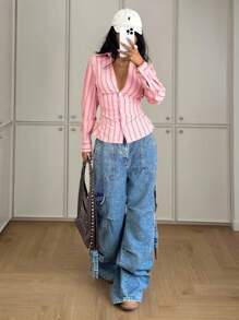 StreetHx Women's Cargo Pocket Pleated Wide Leg Loose Casual Jeans - Blue - View 5